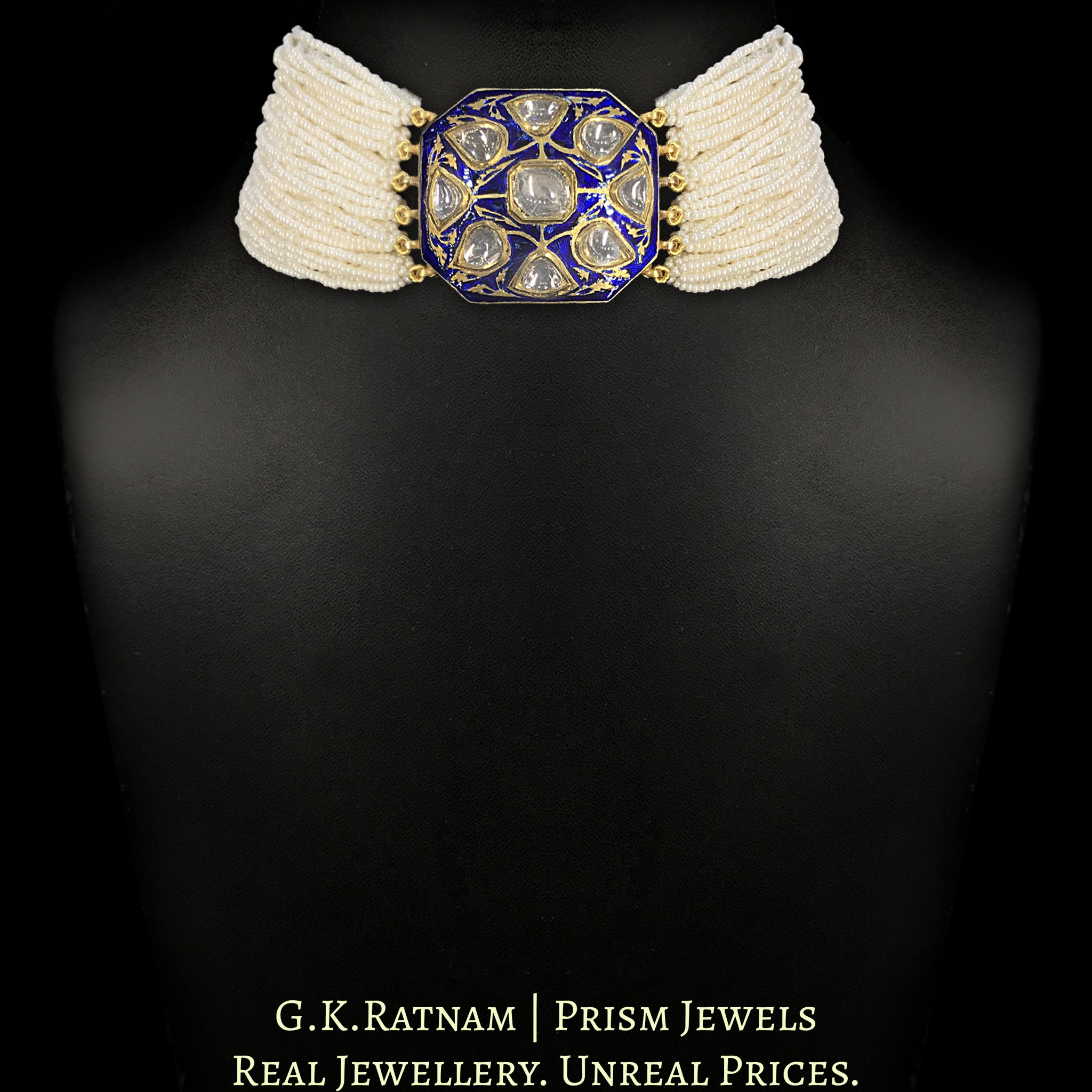 18k Gold and Diamond Polki Octagonal Choker Necklace With Blue Enamel