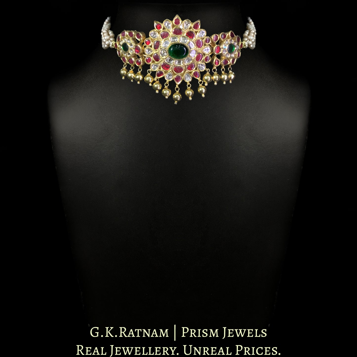18k Gold and Diamond Polki south-style Choker Necklace with Antiqued Freshwater Pearl Bunches