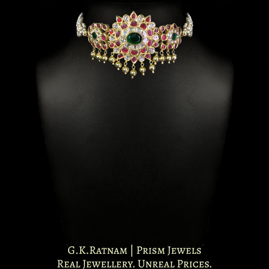 18k Gold and Diamond Polki south-style Choker Necklace with Antiqued Freshwater Pearl Bunches