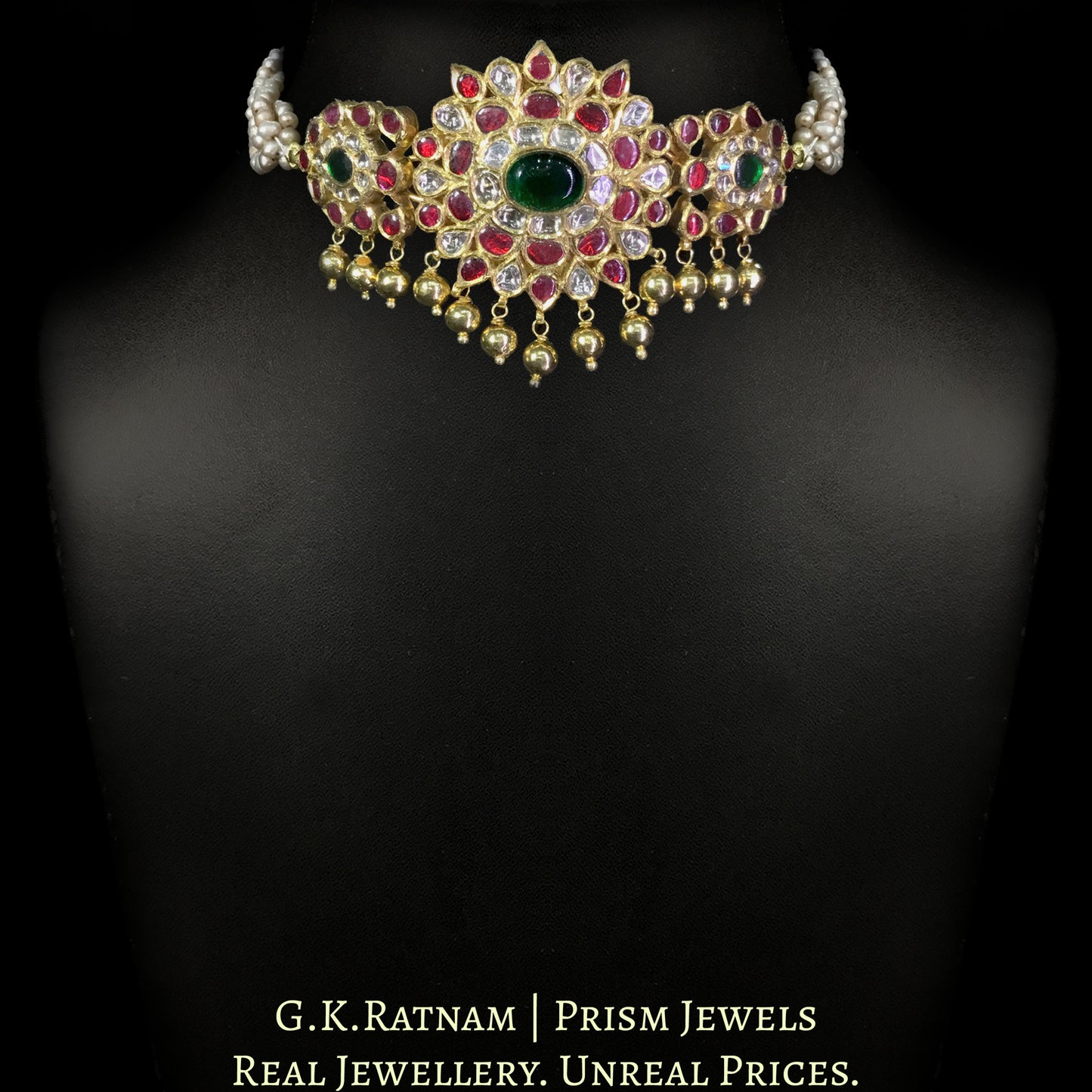 18k Gold and Diamond Polki south-style Choker Necklace with Antiqued Freshwater Pearl Bunches