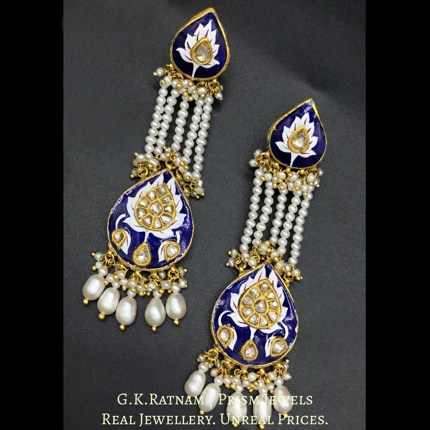23k Gold and Diamond Polki Long Earring Pair with intricate blue pottery and natural freshwater pearls