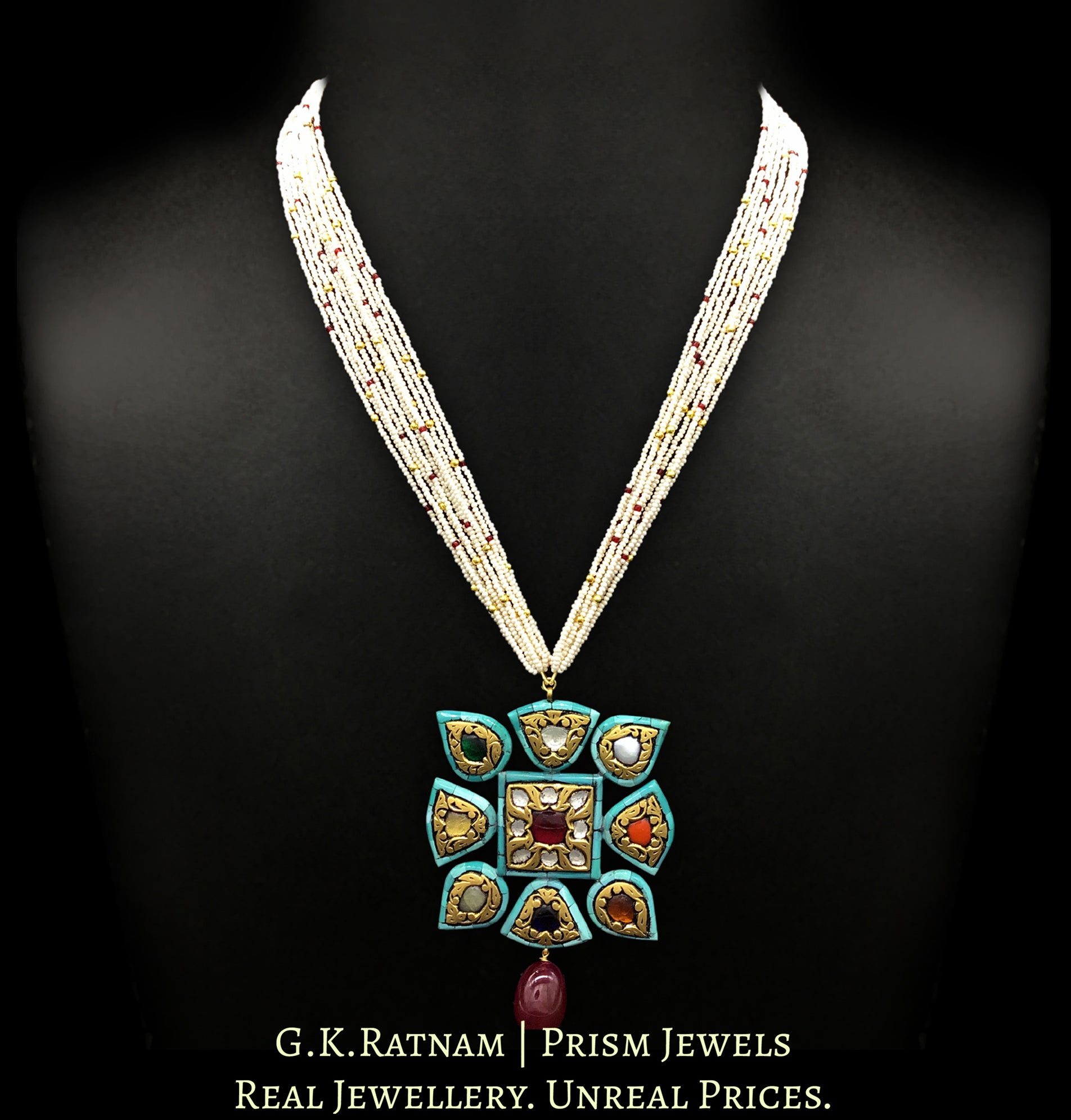 23k Gold and Diamond Polki Navratna Pendant with Turquoise Rimming - G. K. Ratnam