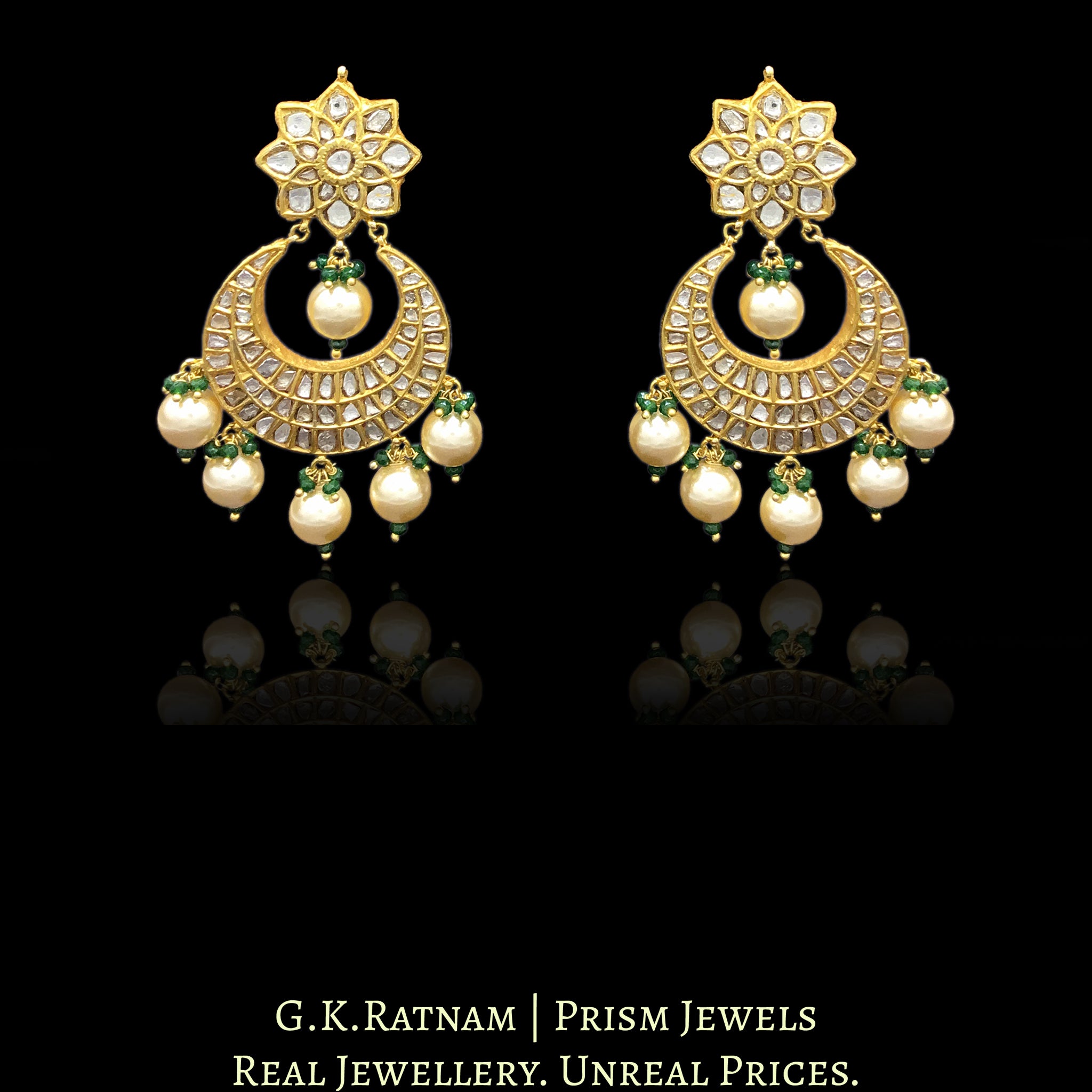 23k Gold and Diamond Polki Chand Bali Earring pair enhanced with shell pearls and a touch of green - G. K. Ratnam