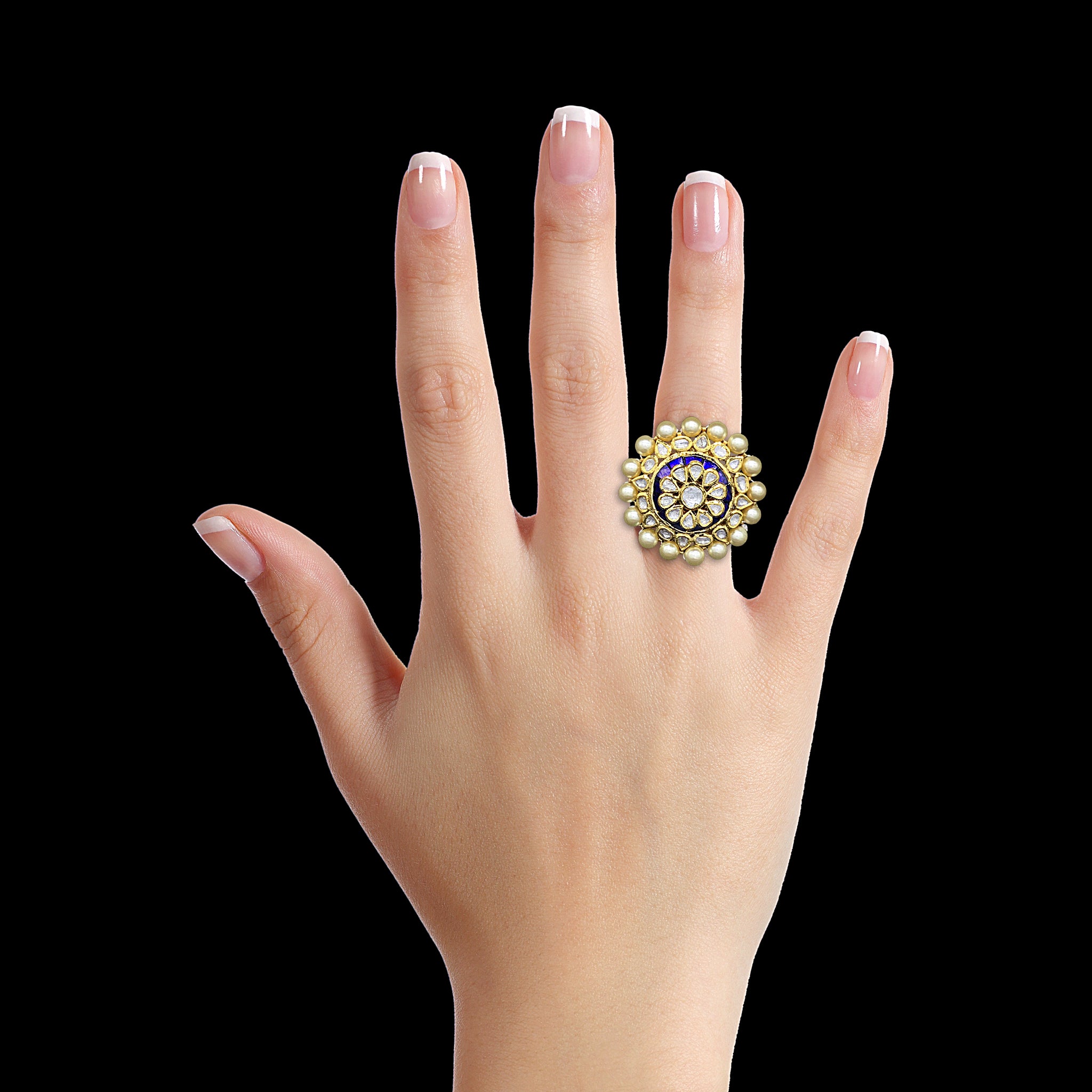 Traditional Gold and Diamond Polki three-dimensional Blue Cocktail Ring