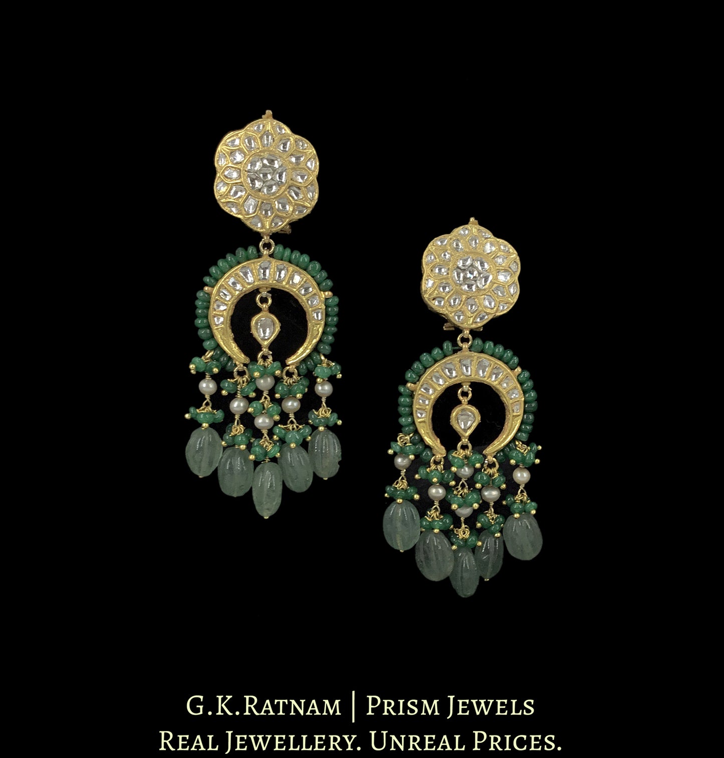 23k Gold and Diamond Polki Choker Necklace Set enhanced with Antiqued Freshwater Pearls and Green Beryls
