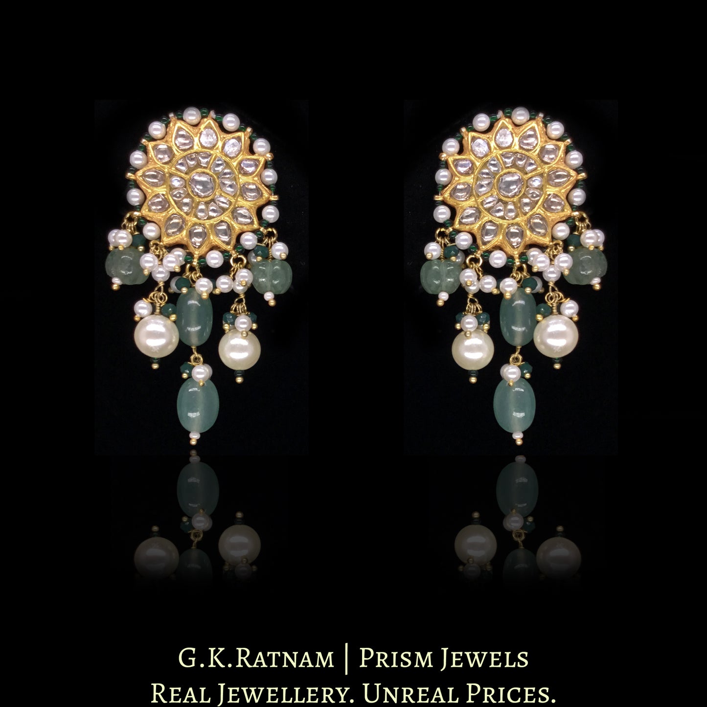23k Gold and Diamond Polki Choker Necklace Set enhanced with Green Strawberry Quartz and Pearls