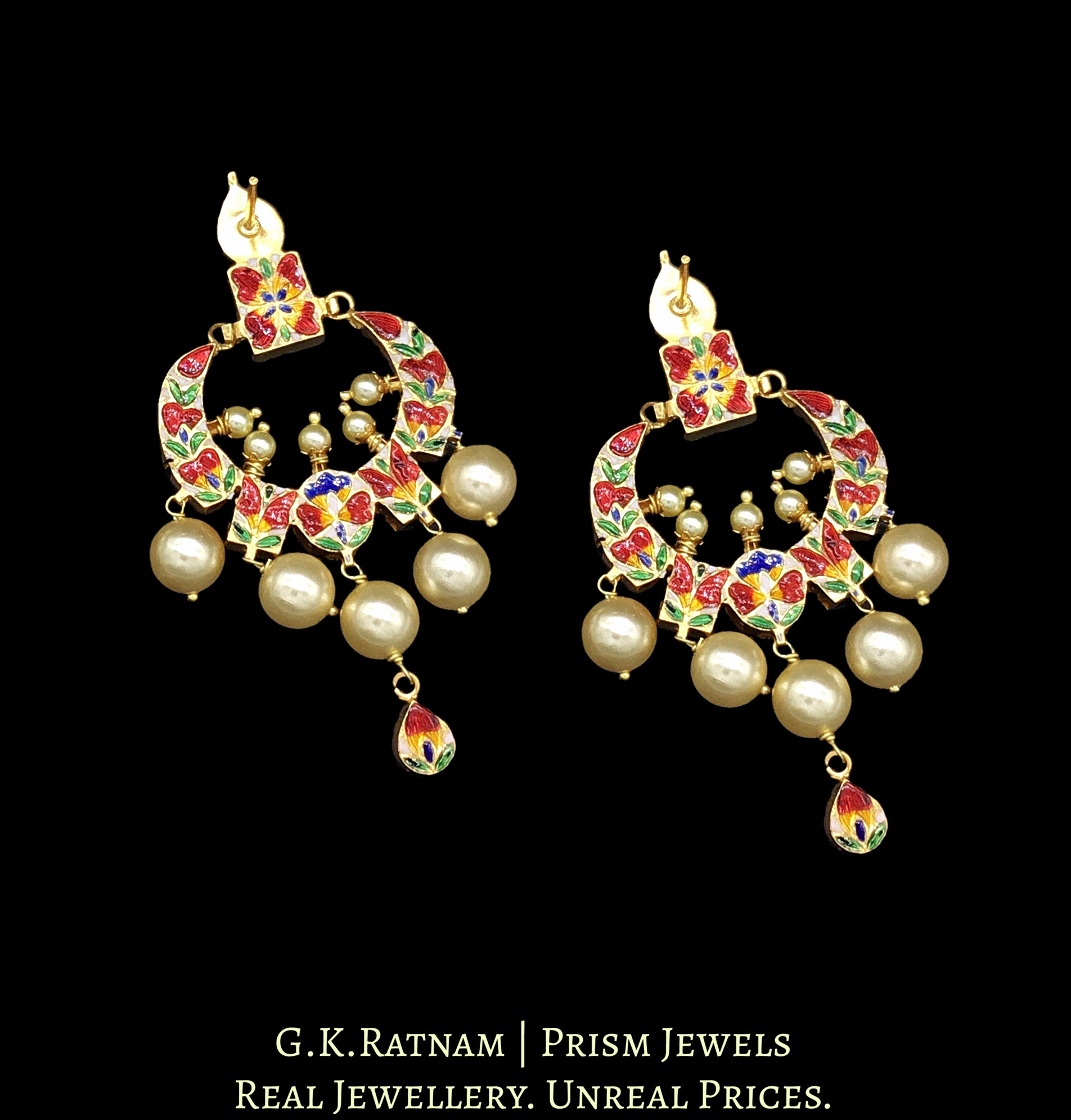 18k Gold and Diamond Polki Small Chand Bali Earring Pair with Red Enamel - G. K. Ratnam