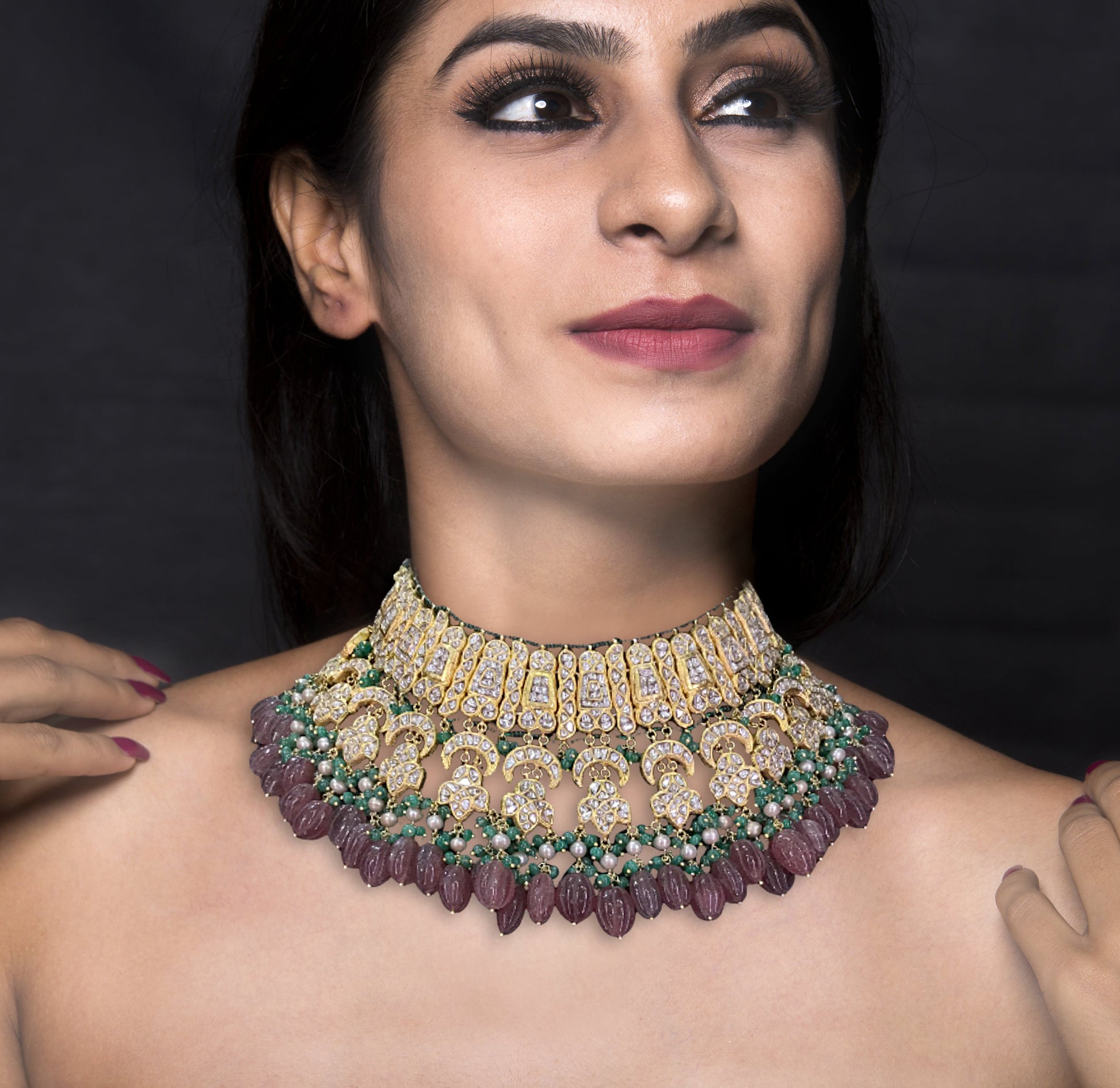23k Gold and Diamond Polki Necklace Set with Strawberry Quartz, Green Beryls and Antiqued Pearls - G. K. Ratnam