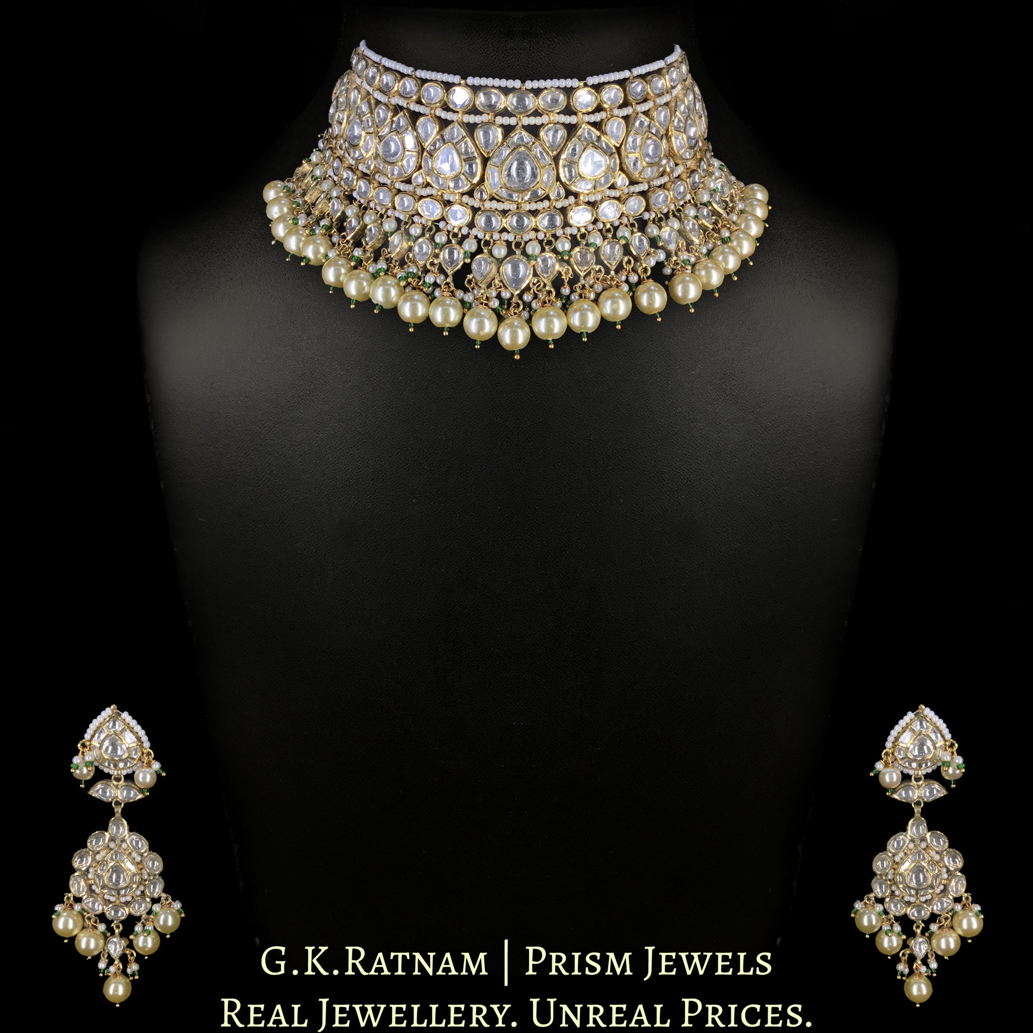 18k Gold and Diamond Polki pear-motifs Choker Necklace Set With south-sea-like Pearls