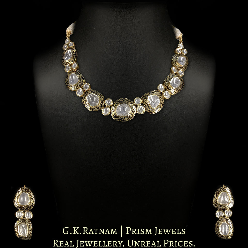 18k Gold and Diamond Polki Necklace Set with Big Uncuts and Intricate Goldwork