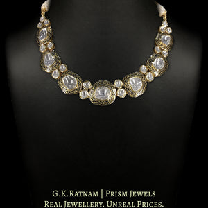 18k Gold and Diamond Polki Necklace Set with Big Uncuts and Intricate Goldwork