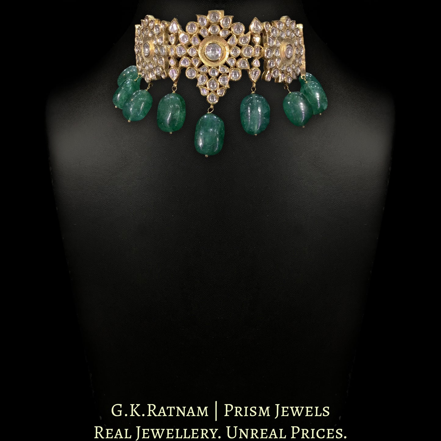 18k Gold and Diamond Polki Kilangi Cum Choker Necklace With Green Beryls - G. K. Ratnam