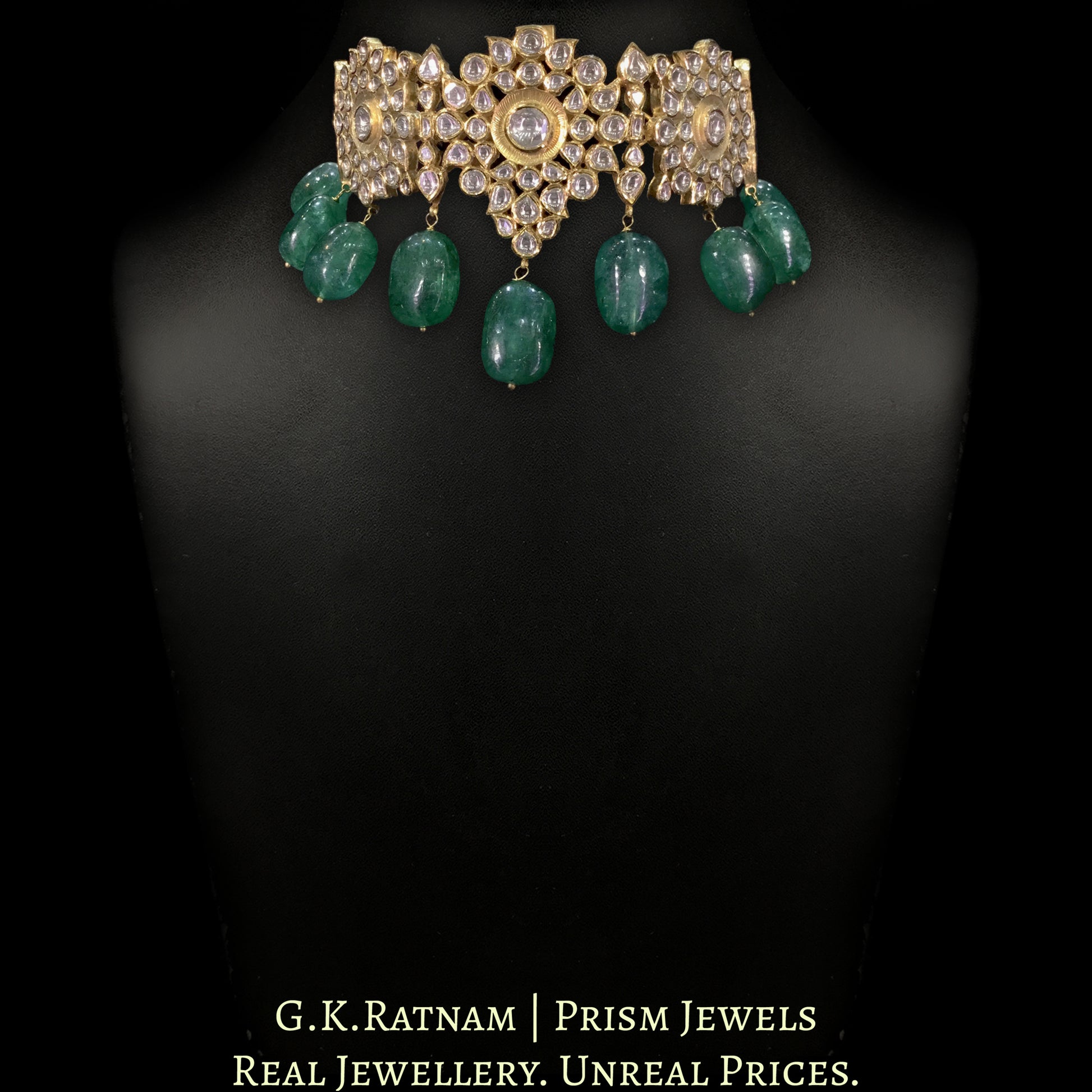 18k Gold and Diamond Polki Kilangi Cum Choker Necklace With Green Beryls - G. K. Ratnam
