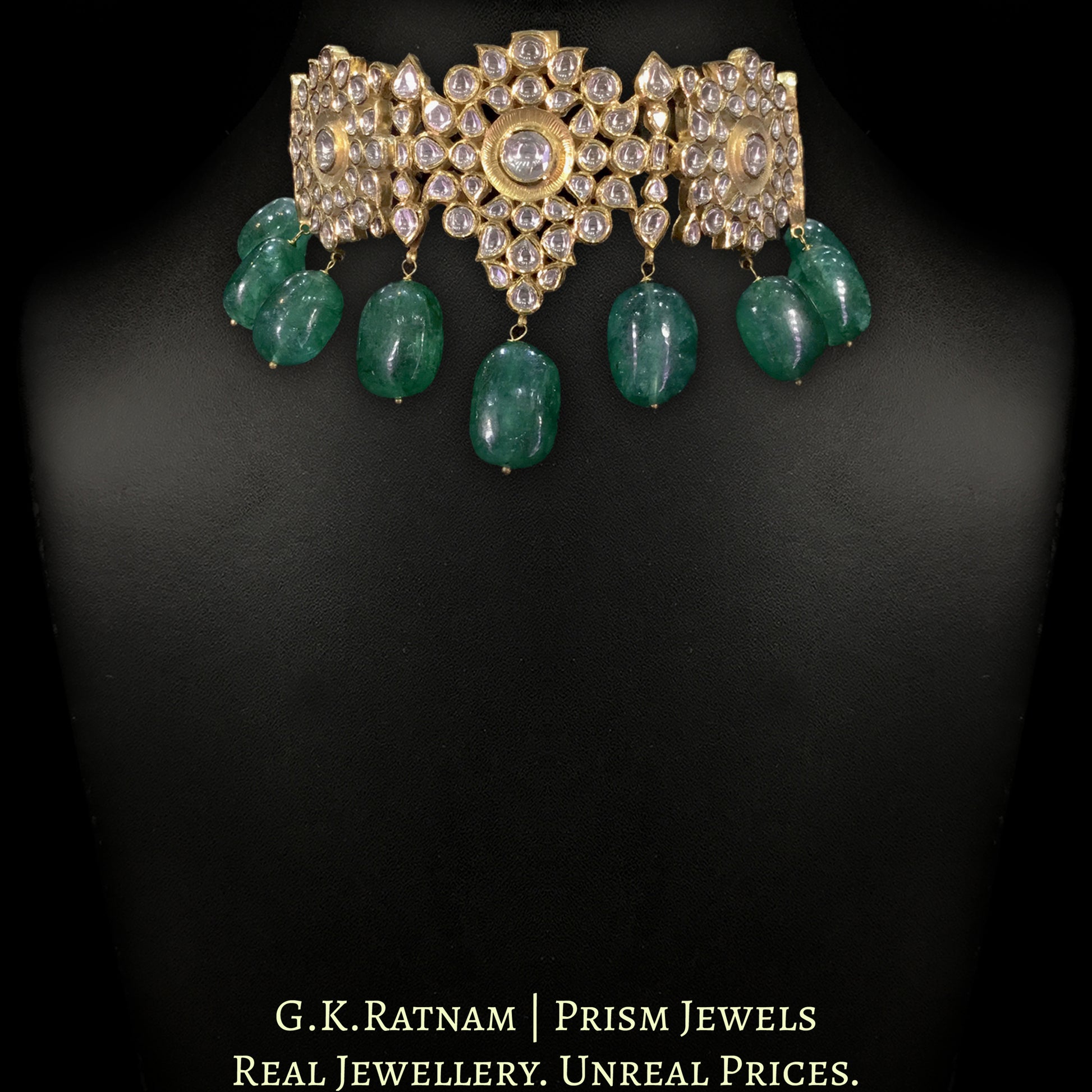 18k Gold and Diamond Polki Kilangi Cum Choker Necklace With Green Beryls - G. K. Ratnam
