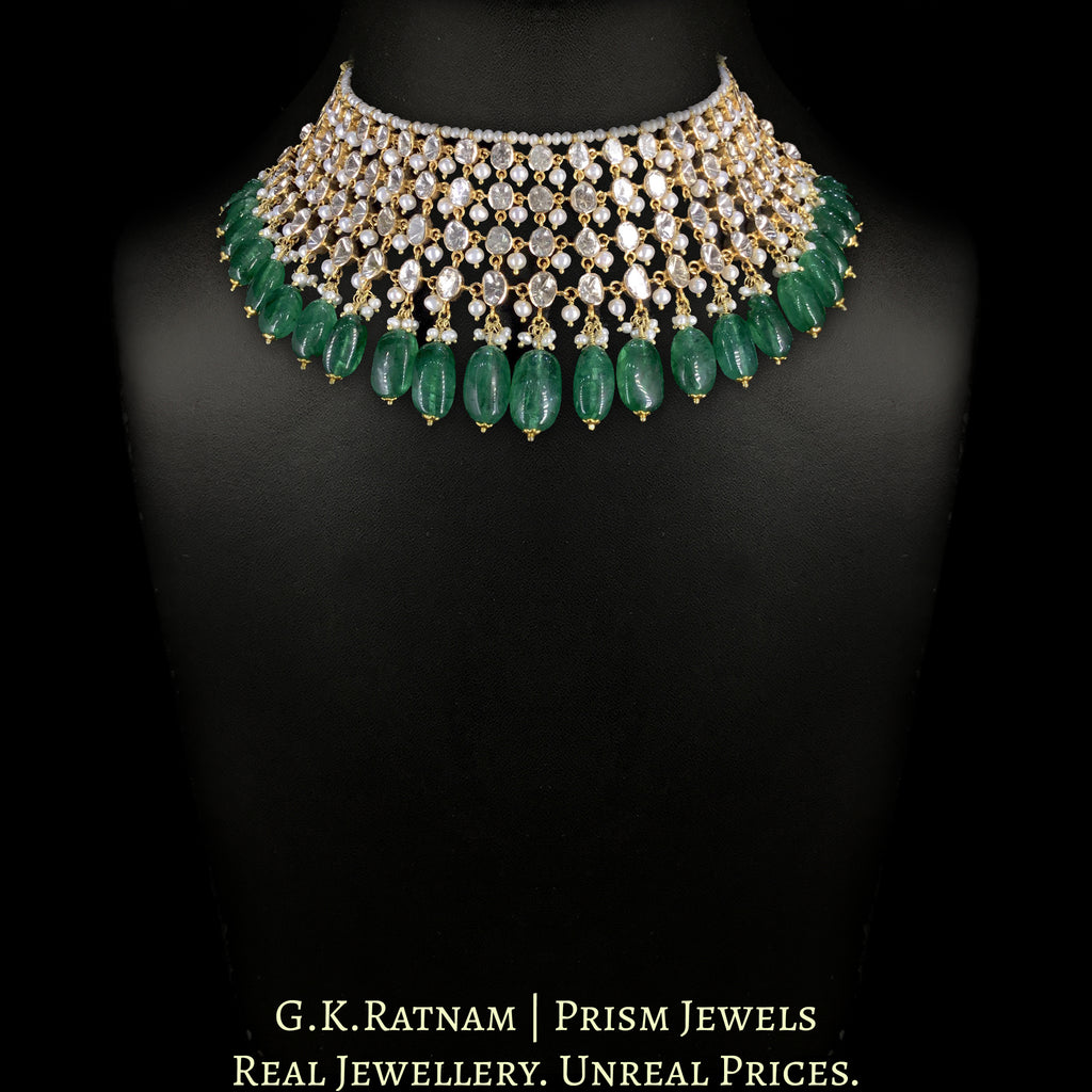 18k Gold and Diamond Polki Open Setting Choker Necklace enhanced with Natural Freshwater Pearls and Green Beryls