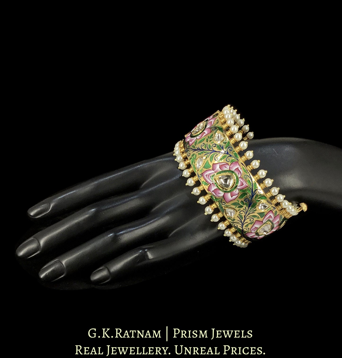 22k Gold and Diamond Polki Broad Bangle with intricate enamelling
