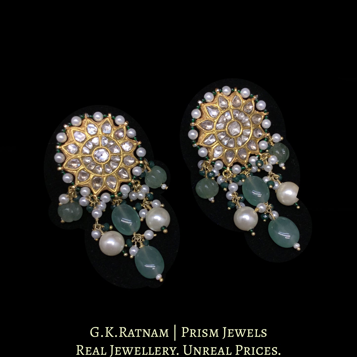 23k Gold and Diamond Polki Choker Necklace Set enhanced with Green Strawberry Quartz and Pearls