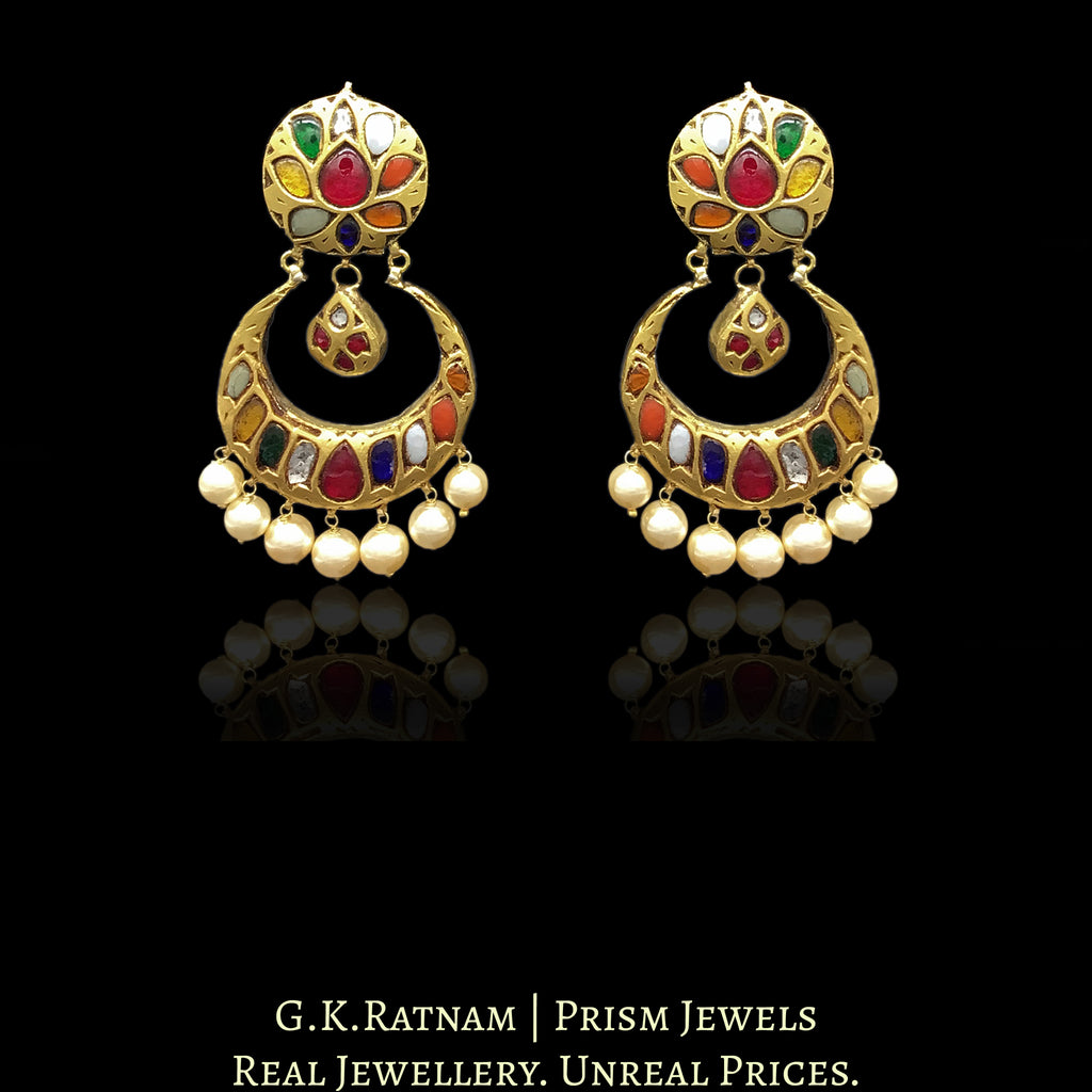 23k Gold and Diamond Polki Navratna Chand Bali Earring Pair with antique gold polish - G. K. Ratnam