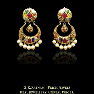23k Gold and Diamond Polki Navratna Chand Bali Earring Pair with antique gold polish - G. K. Ratnam