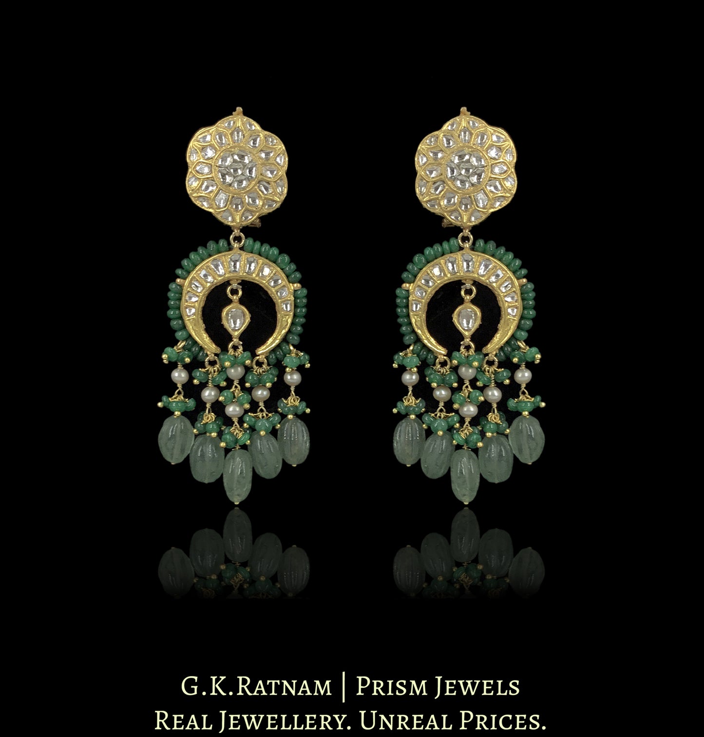23k Gold and Diamond Polki Choker Necklace Set enhanced with Antiqued Freshwater Pearls and Green Beryls