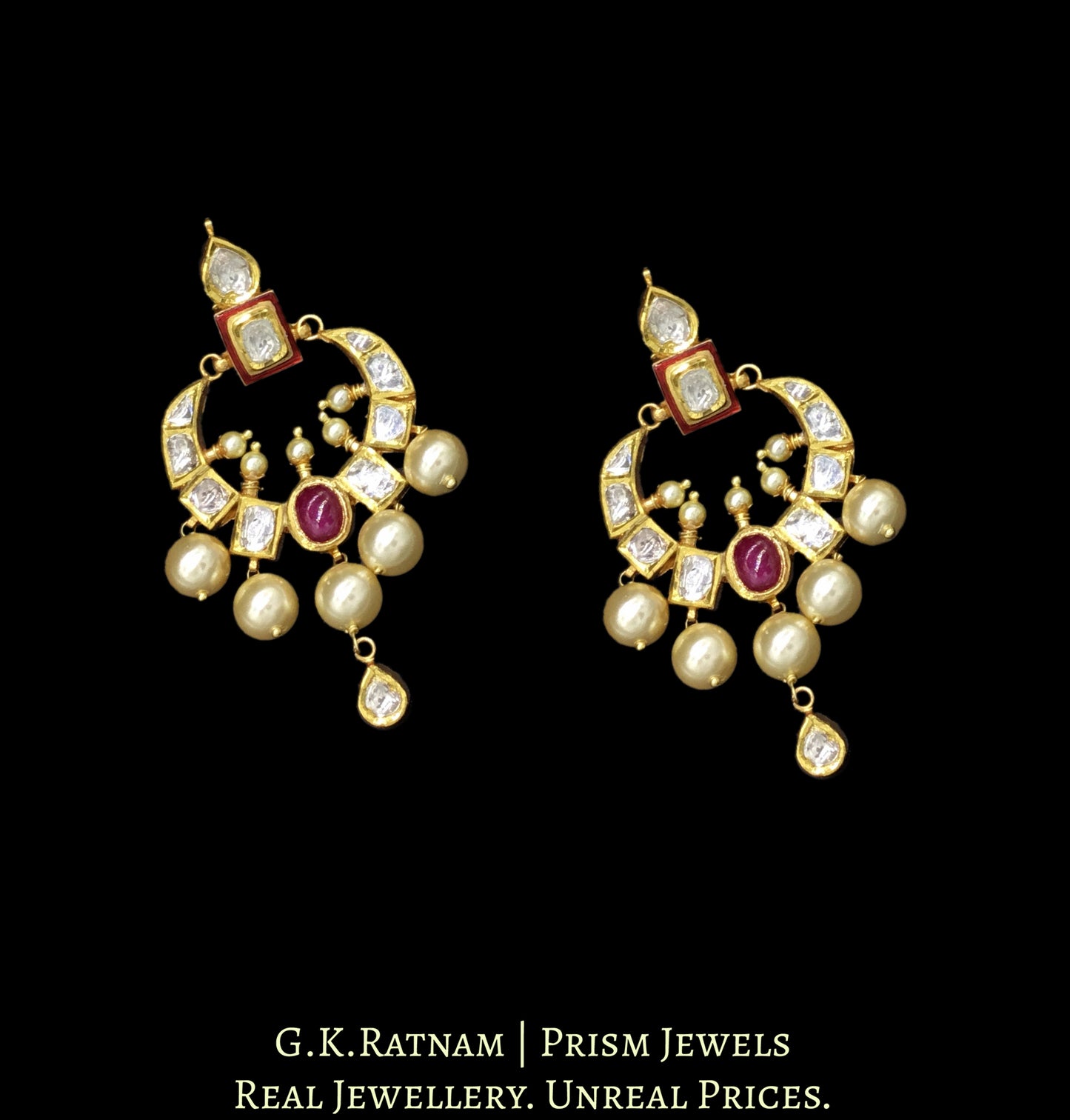 18k Gold and Diamond Polki Small Chand Bali Earring Pair with Red Enamel - G. K. Ratnam