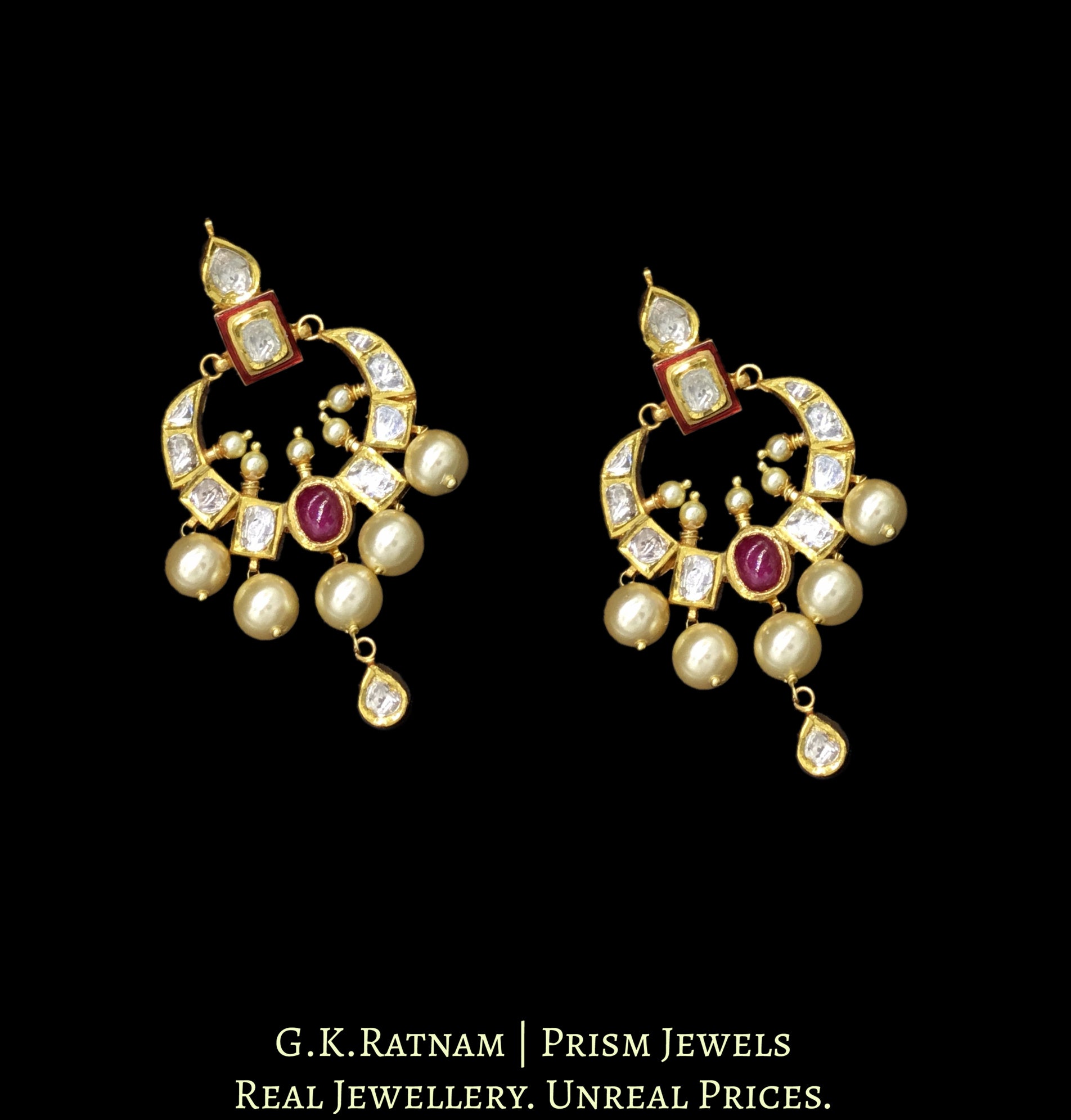 18k Gold and Diamond Polki Small Chand Bali Earring Pair with Red Enamel - G. K. Ratnam