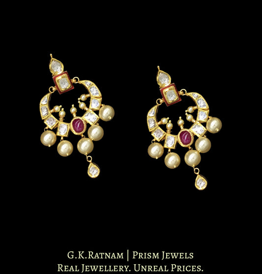 18k Gold and Diamond Polki Small Chand Bali Earring Pair with Red Enamel - G. K. Ratnam