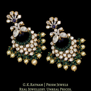14K Gold and Diamond Polki Open Setting Peacock Chand Bali Earring Pair With Green Beryls and Pearls