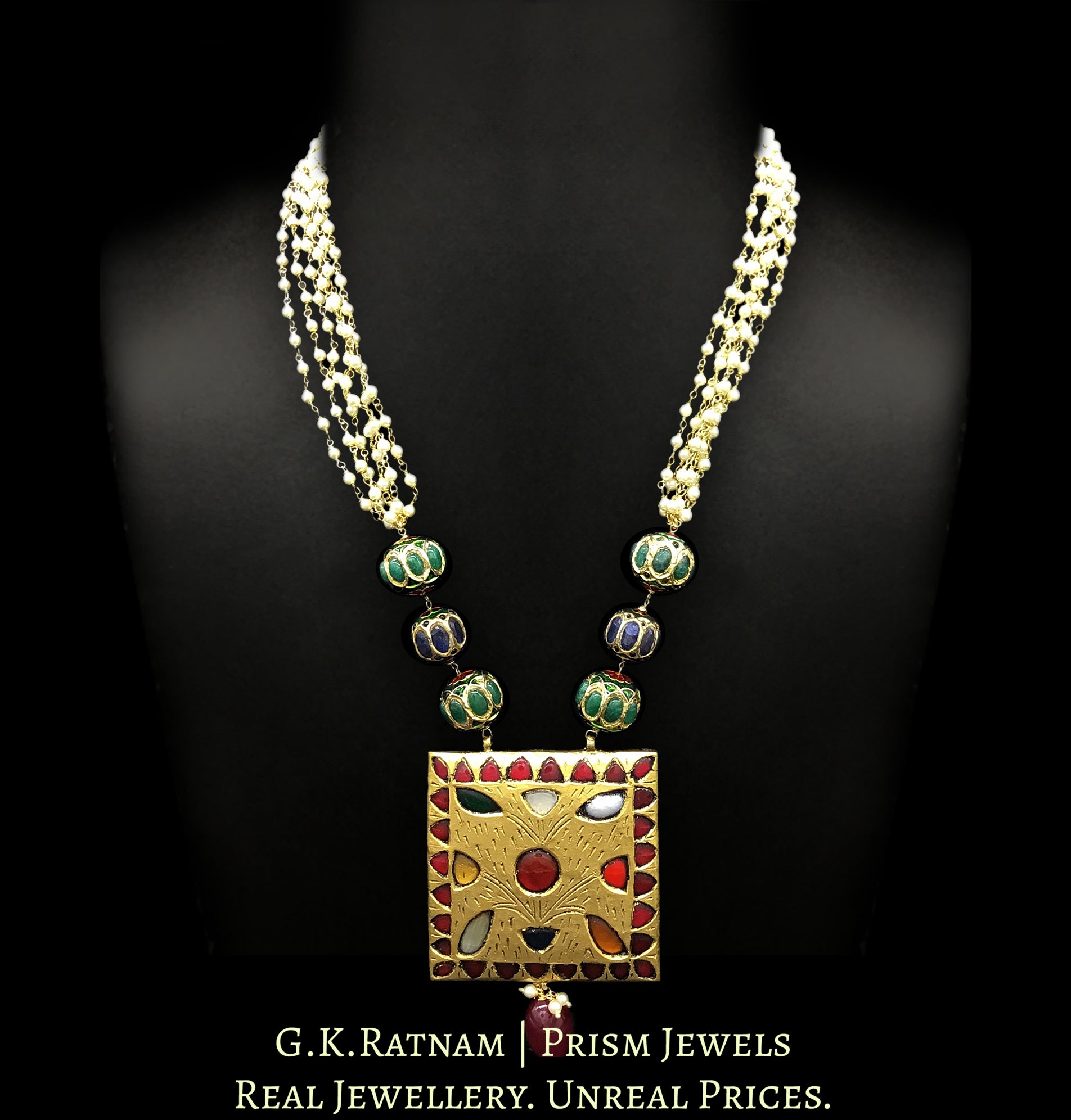 23k Gold and Diamond Polki Reversible Navratna Pendant with Pearl Chains - G. K. Ratnam