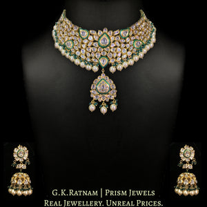 18k Gold and Diamond Polki green enamel Necklace Set with shiny pearls and a hint of green