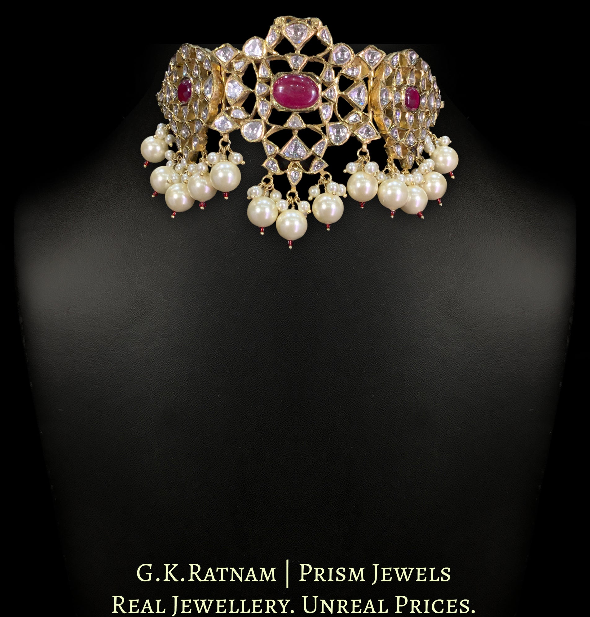 18k Gold and Diamond Polki Kilangi Cum Choker Necklace with Ruby and Pearls