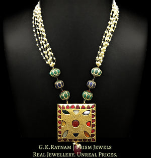 23k Gold and Diamond Polki Reversible Navratna Pendant with Pearl Chains - G. K. Ratnam
