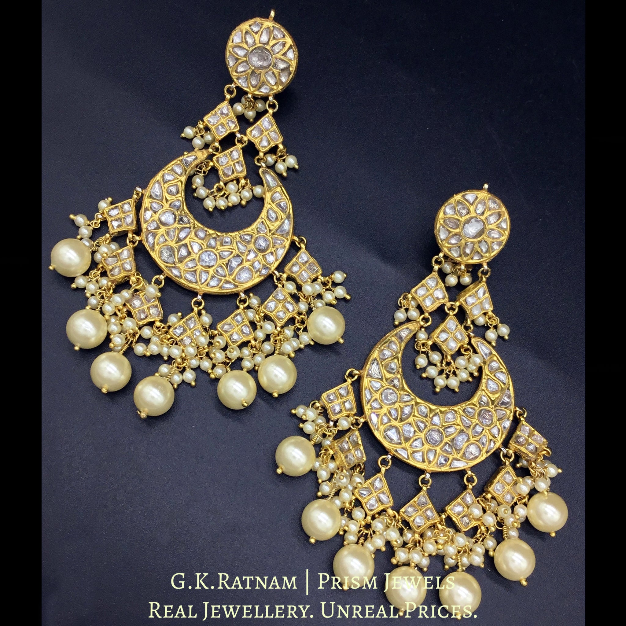 23k Gold and Diamond Polki Chand Bali Earring Pair with triple-coated shell pearls and cascading polkis