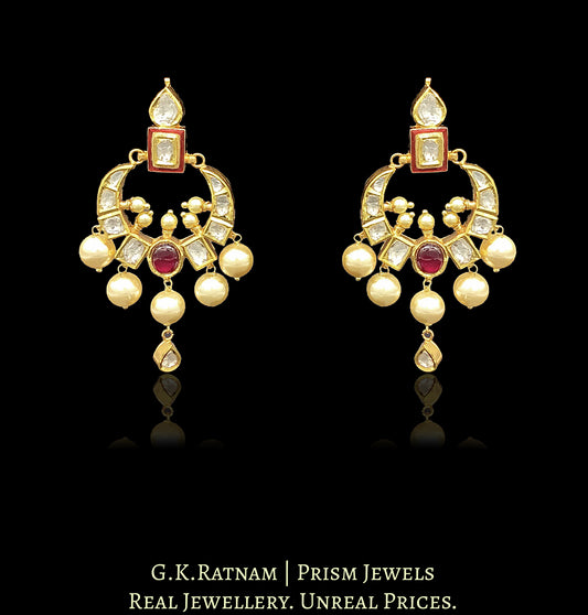 18k Gold and Diamond Polki Small Chand Bali Earring Pair with Red Enamel - G. K. Ratnam