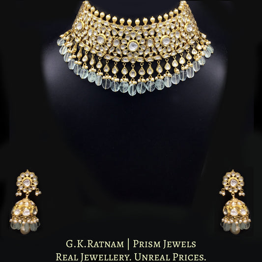 18k Gold and Diamond Polki Choker Necklace Set enhanced with russian-emerald-grade fluorites