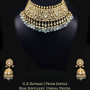 18k Gold and Diamond Polki Choker Necklace Set enhanced with russian-emerald-grade fluorites