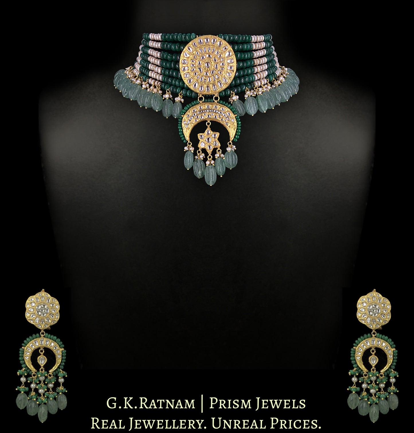 23k Gold and Diamond Polki Choker Necklace Set enhanced with Antiqued Freshwater Pearls and Green Beryls