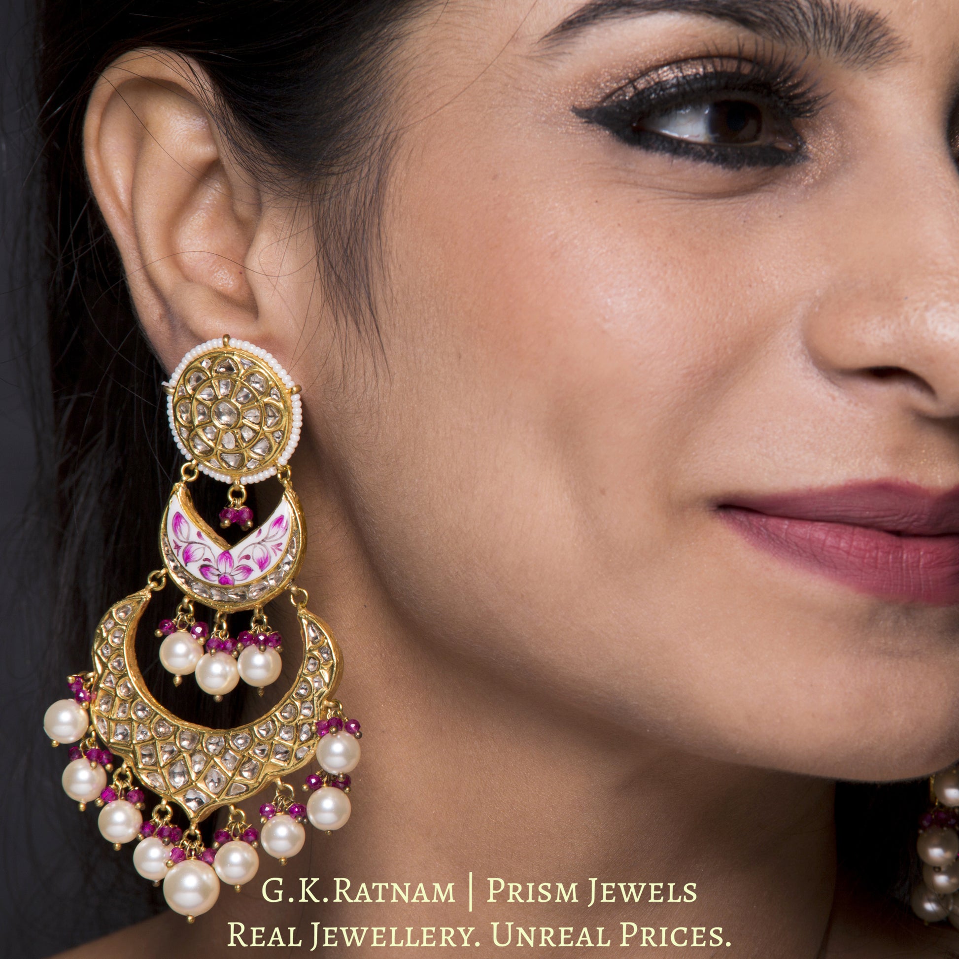 23k Gold and Diamond Polki Chand Bali Earring Pair with intricate pink enamelling - G. K. Ratnam