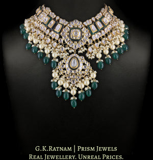 18k Gold and Diamond Polki Necklace Set With lustrous Pearls and Green Beryls