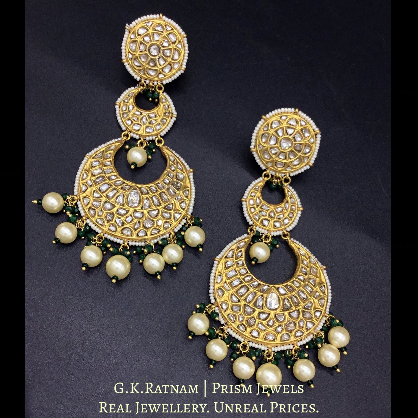 23k Gold and Diamond Polki Long Chand Bali Earring Pair enhanced by Pearls with a touch of green