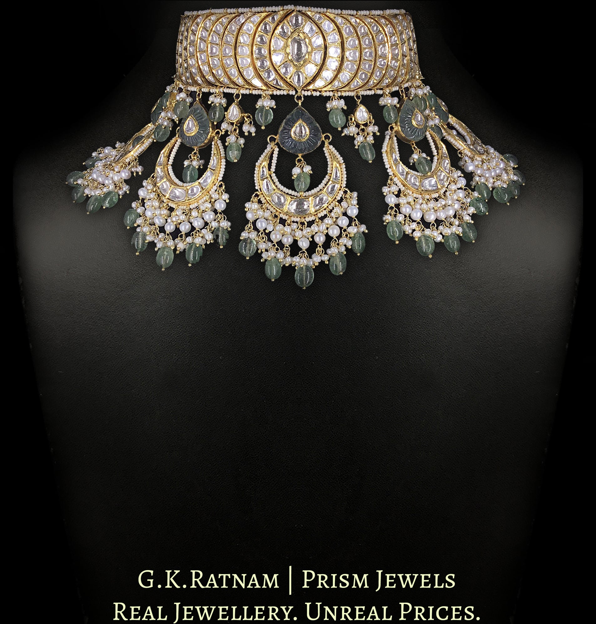 18k Gold and Diamond Polki Choker Necklace Set with concentric crescents and chand-shaped uncut hangings