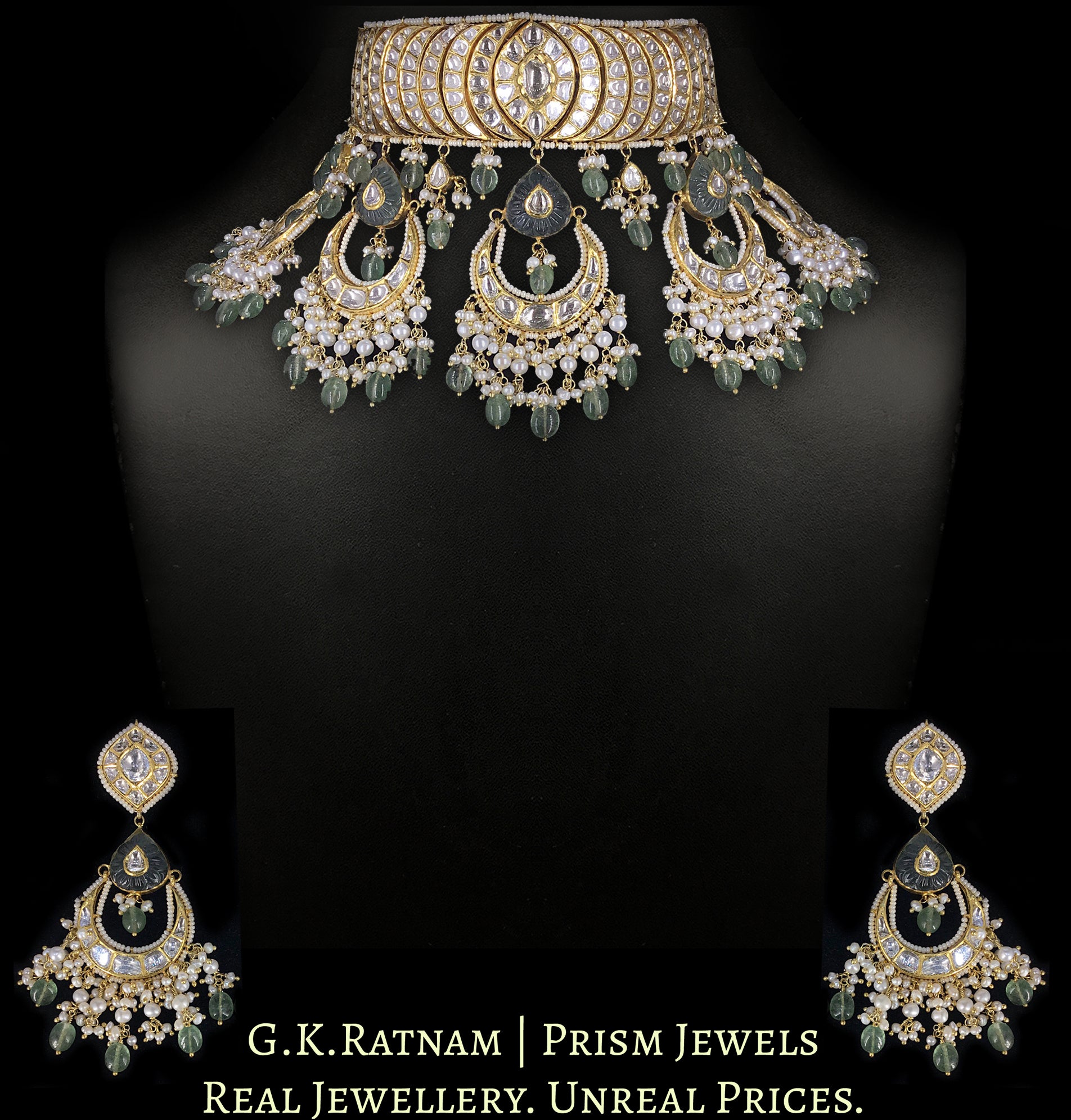 18k Gold and Diamond Polki Choker Necklace Set with concentric crescents and chand-shaped uncut hangings