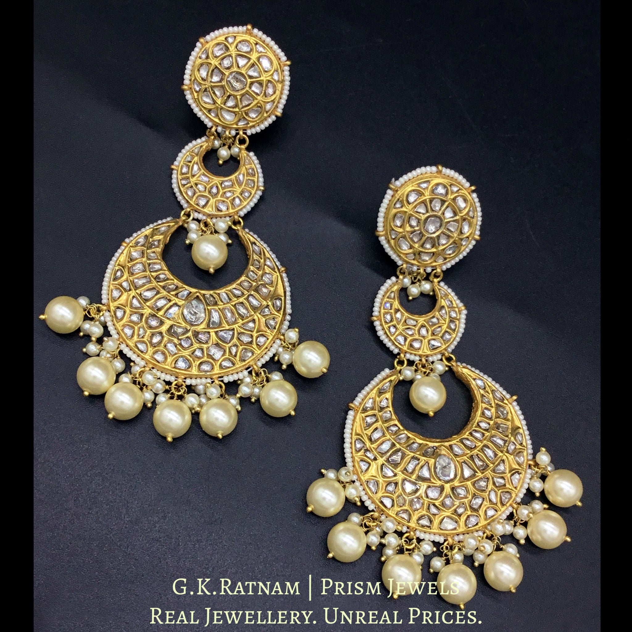 23k Gold and Diamond Polki Long Chand Bali Earring Pair enhanced by Pearls with a touch of green