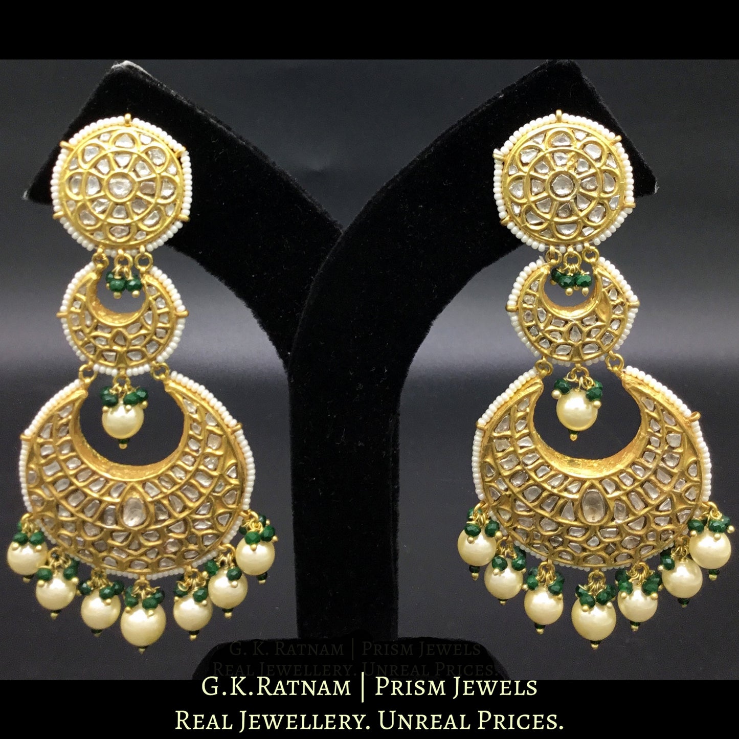 23k Gold and Diamond Polki Long Chand Bali Earring Pair enhanced by Pearls with a touch of green