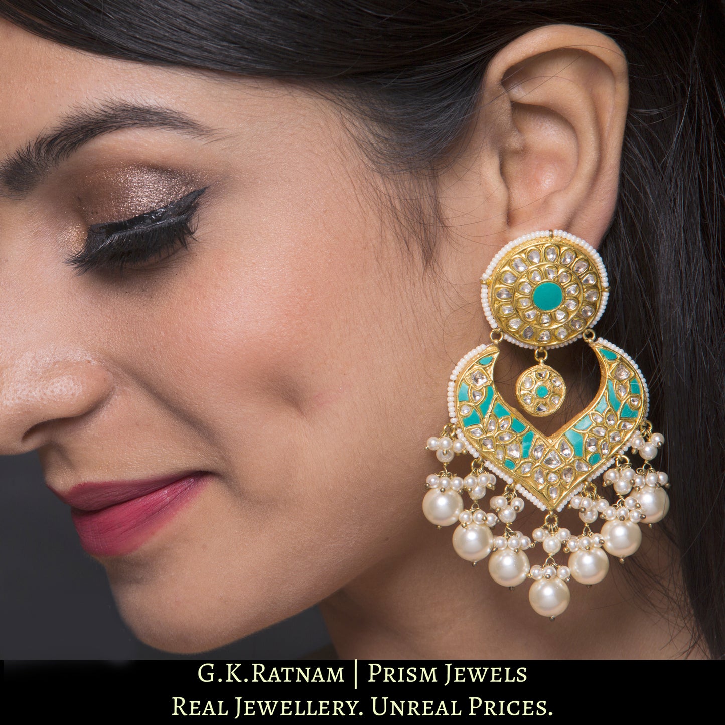 23k Gold and Diamond Polki Chand Bali Earring Pair with V-shaped firoza chand - G. K. Ratnam