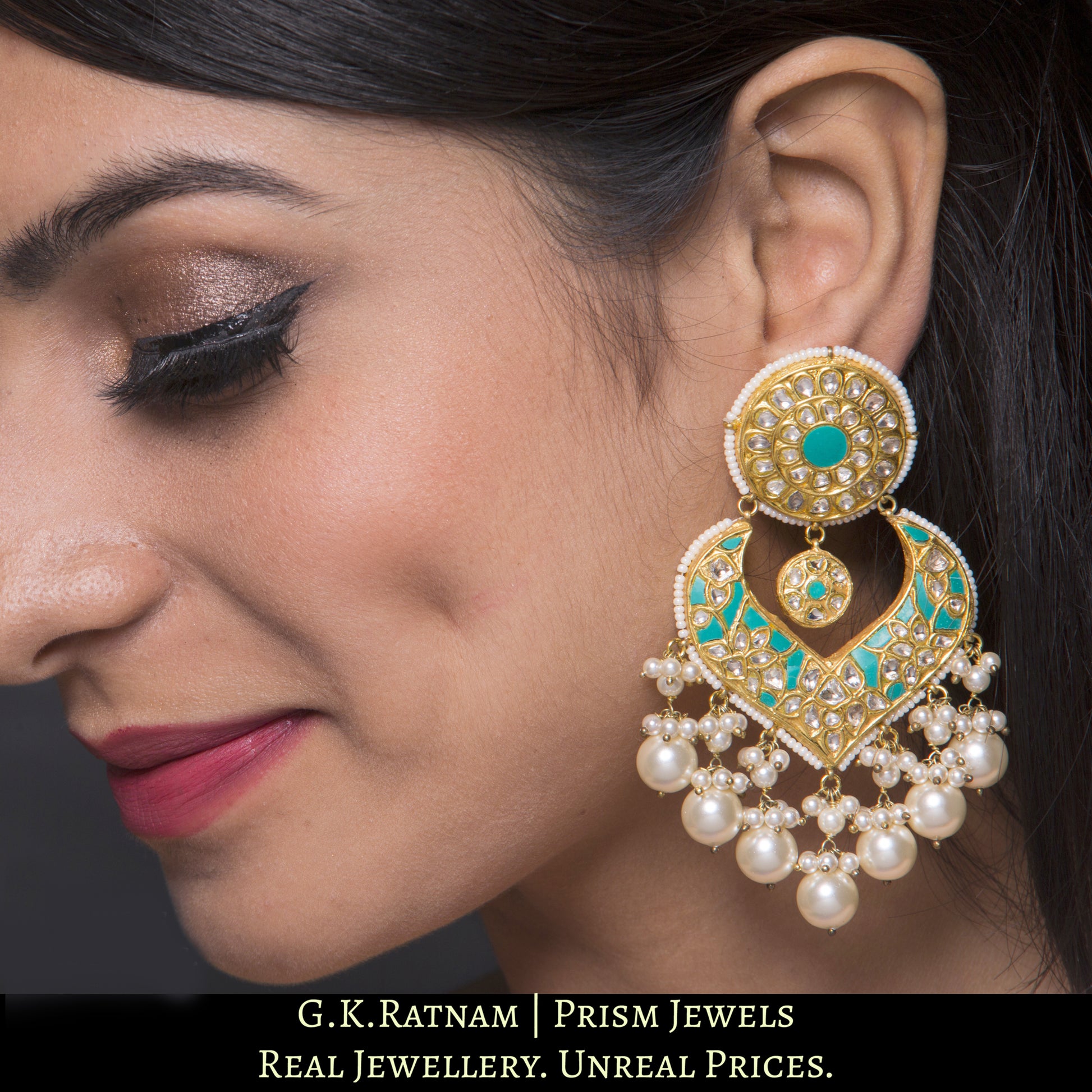 23k Gold and Diamond Polki Chand Bali Earring Pair with V-shaped firoza chand - G. K. Ratnam