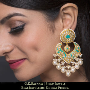 23k Gold and Diamond Polki Chand Bali Earring Pair with V-shaped firoza chand