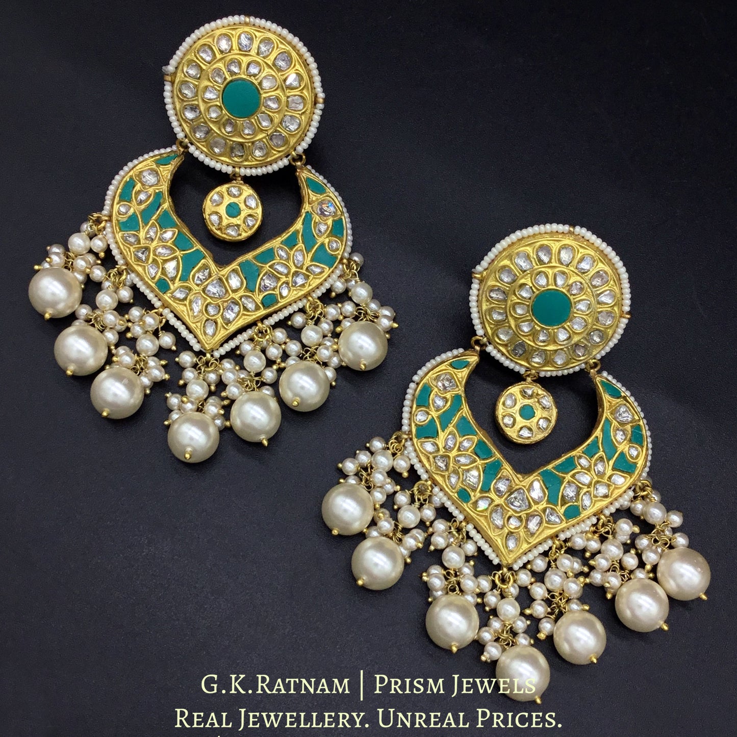 23k Gold and Diamond Polki Chand Bali Earring Pair with V-shaped firoza chand - G. K. Ratnam