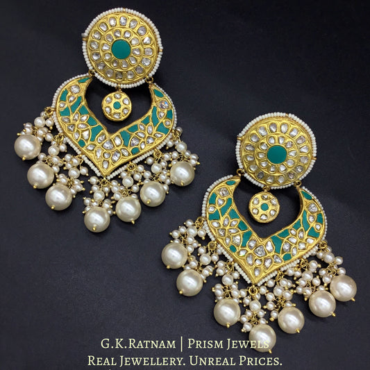23k Gold and Diamond Polki Chand Bali Earring Pair with V-shaped firoza chand