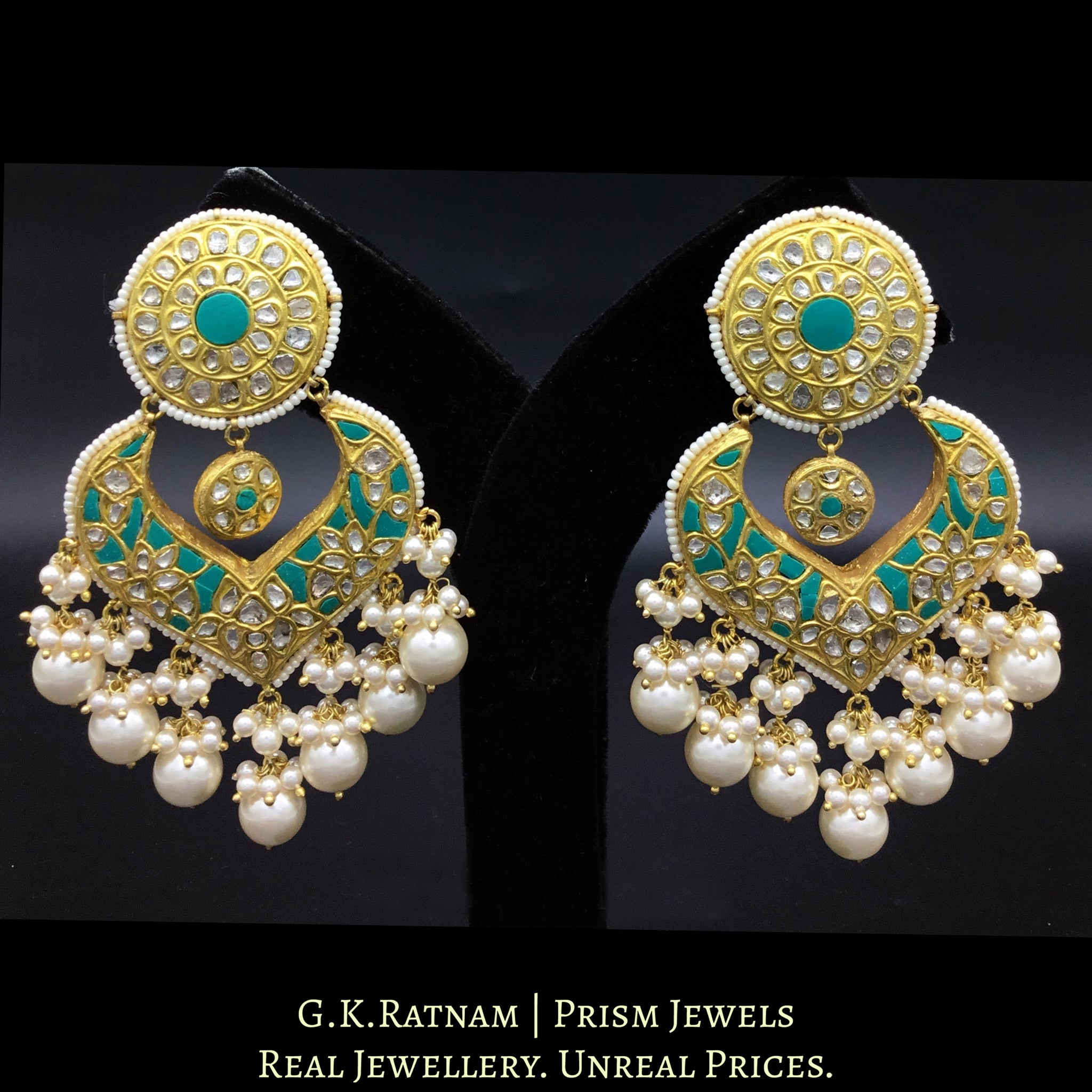 23k Gold and Diamond Polki Chand Bali Earring Pair with V-shaped firoza chand